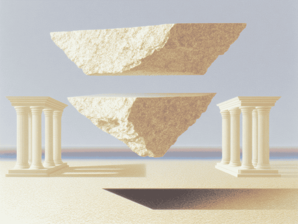 Deux blocs de pierre beige aux arêtes nettes, un trapèze au-dessus d'une pyramide inversée, flottent entre deux colonnades classiques sur un fond sableux uni.
