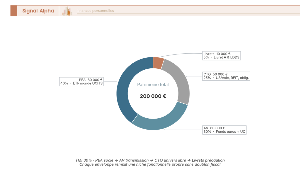 Diagramme en anneau de la répartition multi-enveloppes d'un patrimoine financier 200 000 € entre PEA, AV, CTO et livrets réglementés.