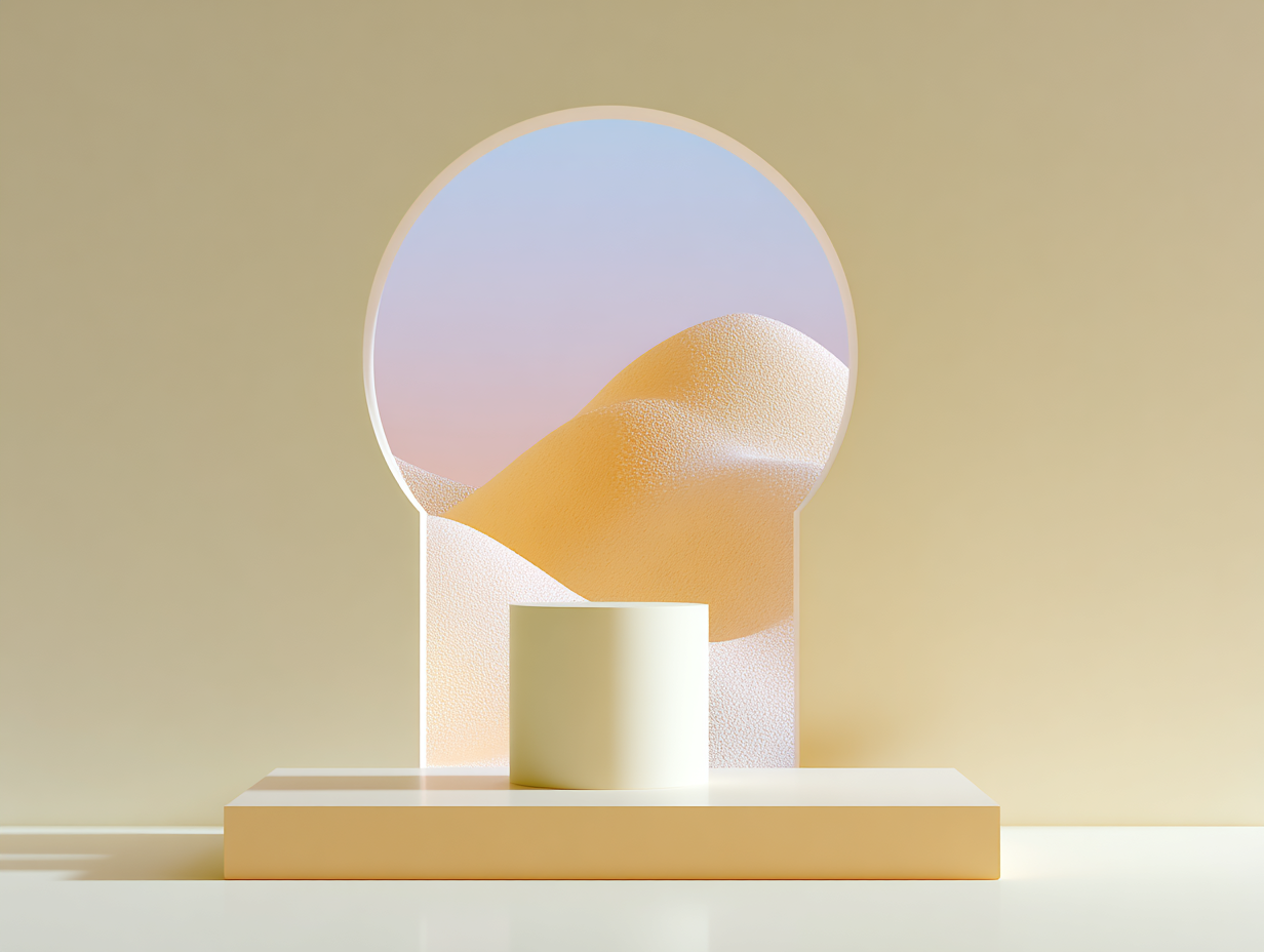 Cubes et anneaux 3D beiges, surfaces mates et texturées, anneau segmenté flottant, panneau vertical en arrière-plan, éclairage doux.