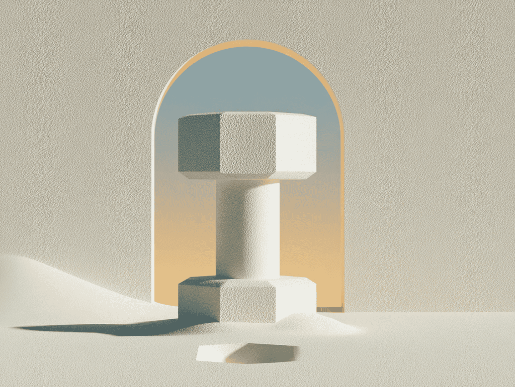 Rendu 3D dans des tons sable : un volume hexagonal posé sur un pilier cylindrique, au centre d'une arche éclairée d'un dégradé orangé, sur un sol clair aux ombres douces.