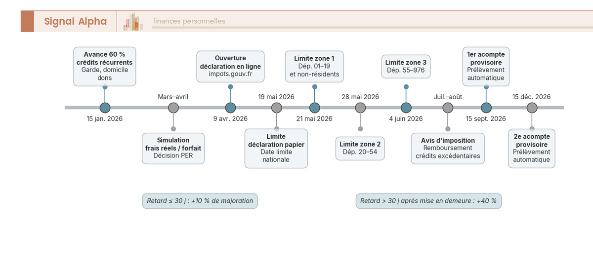 Frise chronologique horizontale de janvier à décembre 2026 avec 10 jalons alternés au-dessus et en dessous de la ligne, codés en vert (avances, remboursements) et orange (dates limites déclaration).