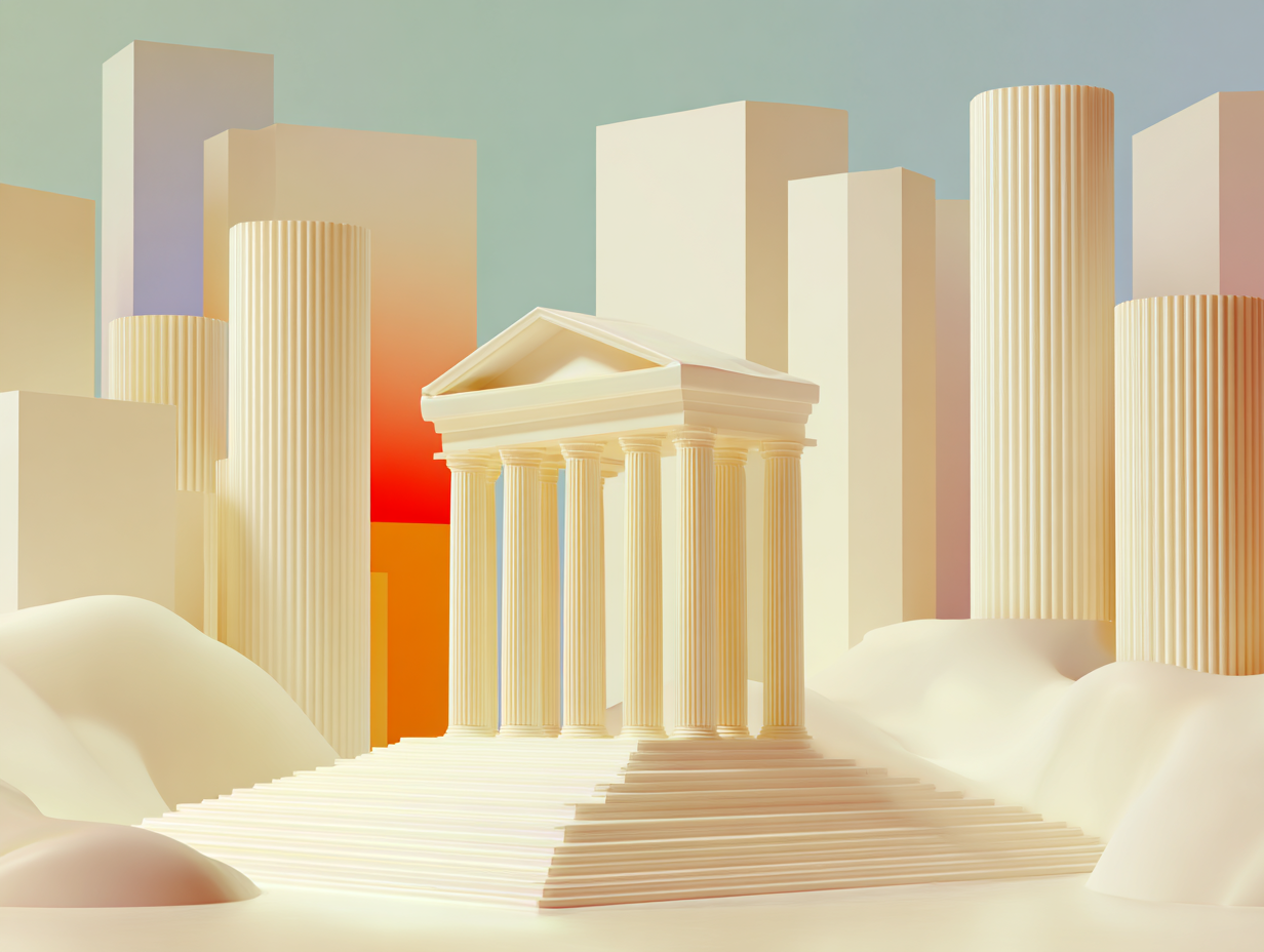 #1 alt_description
Blocs rectangulaires beiges au premier plan, arches connectées et dalles flottantes au milieu, monolithe lointain, surfaces mates, microtexture, éclairage doux.

#2 alt_description
Maquette d'immeuble beige minimaliste posée sur un socle rond, volumes empilés en trois niveaux, surfaces mates, microtexture, éclairage doux.

#3 alt_description
Graphe à barres 3D beige : barres régulières au premier plan, une barre centrale inclinée et fissurée, ligne d'axe arrière, surfaces mates.

#4 alt_description
Smartphone abstrait beige en perspective, écran en retrait avec trois tuiles flottantes, colonne de serveurs stylisée au milieu, arrière-plan minimal.