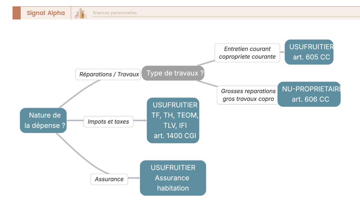 Arbre de décision déterminant à qui incombe chaque charge (travaux, impôts, assurance) lors d'un démembrement de propriété selon la nature de la dépense.