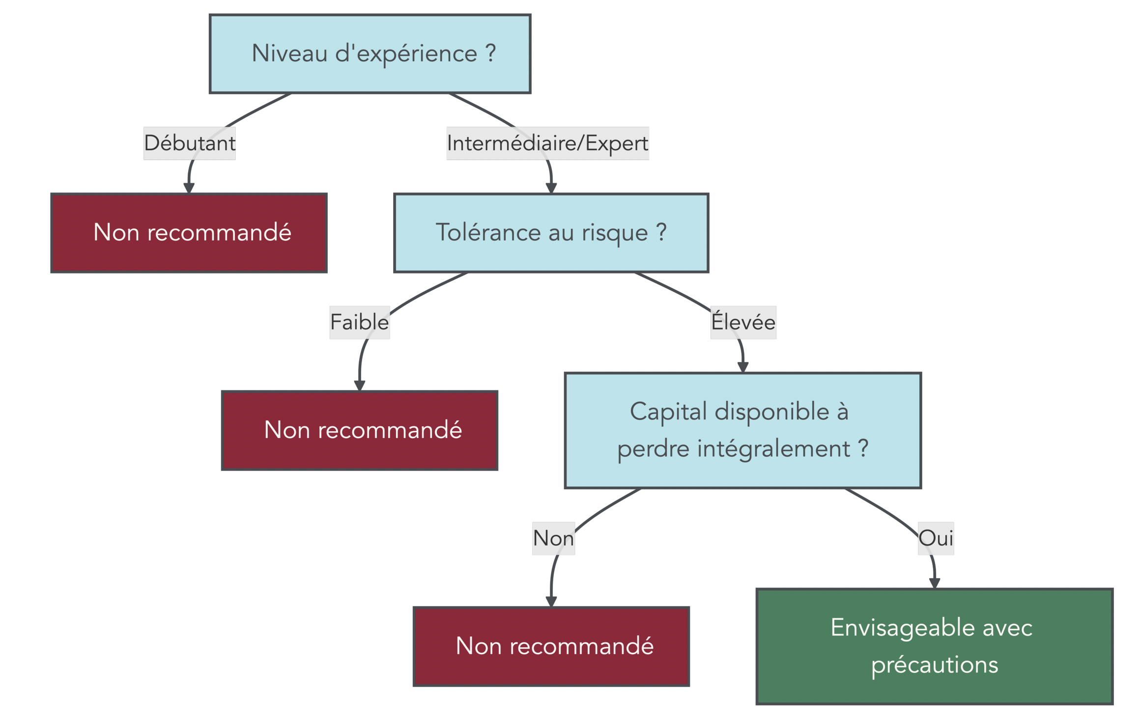 Arbre décisionnel guidant le lecteur selon son niveau d'expérience (débutant, intermédiaire, expert), sa tolérance au risque (faible / élevée) et si le capital est disponible pour être perdu intégralement. Fournit des recommandations claires (non recommandé, envisager avec précautions, continuer la formation) basées sur les principes du rapport.
