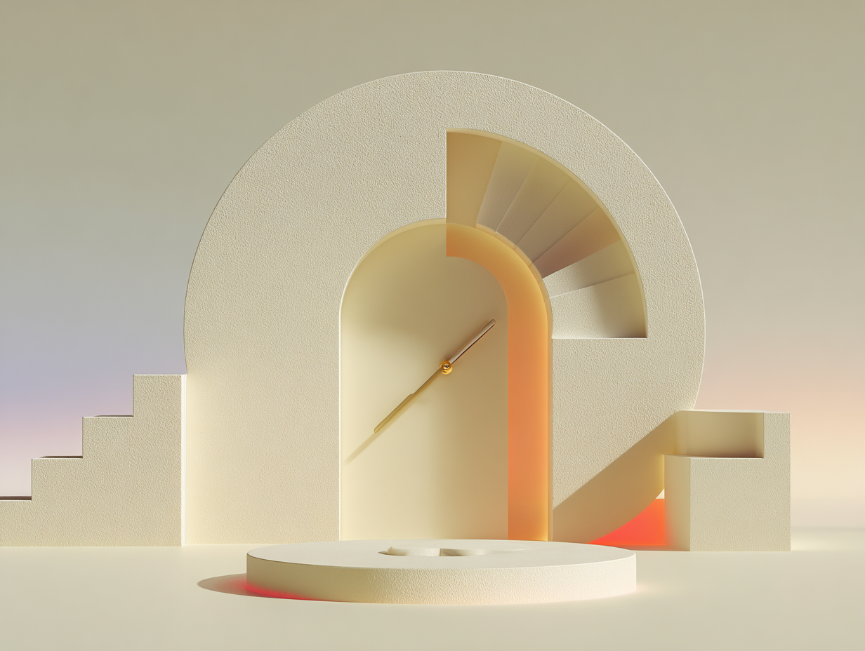 #1 alt_description
Plaques inclinées et blocs empilés minimalistes en 3D, arche lointaine, surfaces mates beige, ombres longues, éclairage doux.

#2 alt_description
Façade abstraite en 3D avec podium bas, colonnes épurées, ligne gravée, surfaces mates beige et ombres longues.

#3 alt_description
Graphique en chandelier stylisé au premier plan, plaque verticale transparente au centre représentant une barrière knock-out, disques empilés en arrière-plan.

#4 alt_description
Jauge circulaire 3D mate au premier plan, indicateurs cubiques flottants au milieu, plaque verticale épurée en arrière-plan, tons sable.