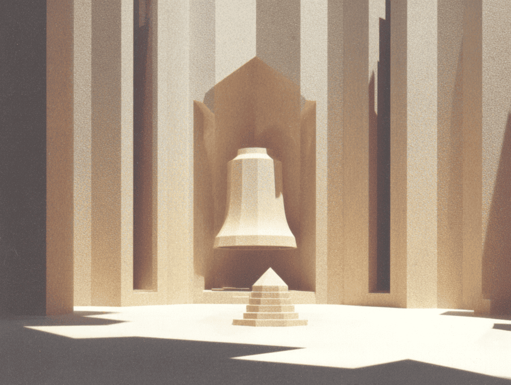 Cloche crème suspendue sous une arche en ogive, au-dessus d'une petite pyramide à degrés, encadrée de colonnes cannelées beige clair ; lumière rasante et ombres portées.
