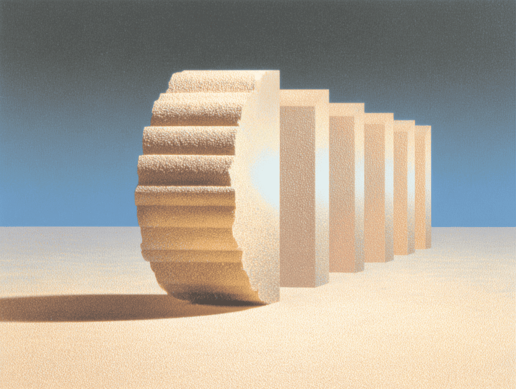 Un cylindre beige à surface cannelée se déploie en une rangée de plaques rectangulaires plates alignées en perspective sur un sol sableux, sous un ciel dégradé bleuté et de longues ombres portées.