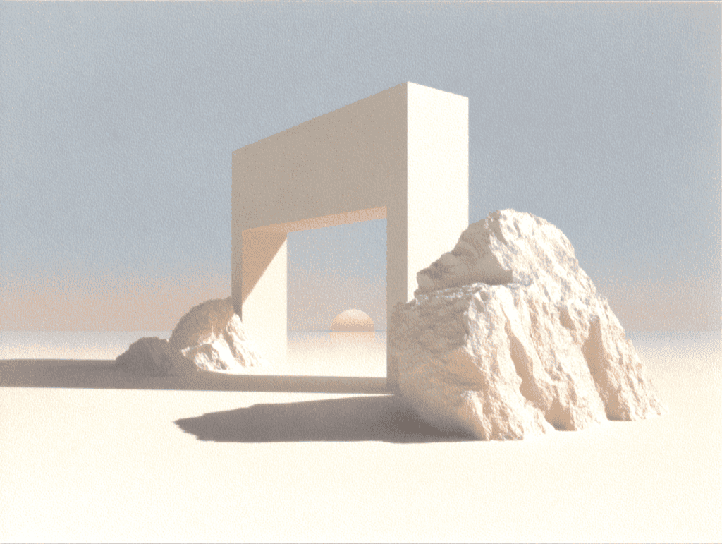 Portique rectangulaire beige ouvert sur un soleil bas à l'horizon, encadré de deux rochers clairs aux surfaces rugueuses, sur un sol sableux uniforme sous un ciel bleu-gris pâle.