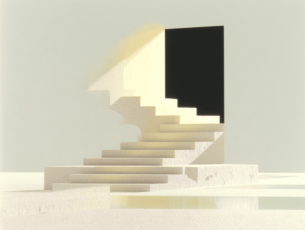 Escalier monumental beige clair en plusieurs paliers menant à une ouverture rectangulaire noire, contraste sable et noir, géométrie épurée sur fond uni mat.