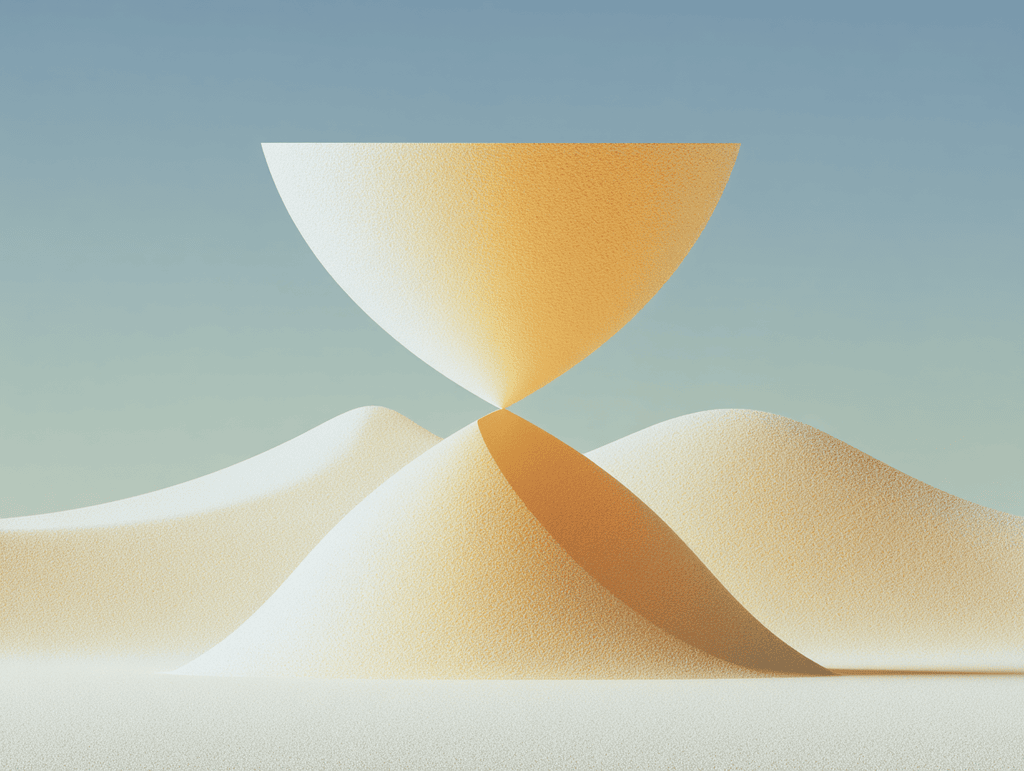 Forme 3D beige doré en sablier : une coupe évasée posée pointe contre pointe sur une dune, parmi des collines de sable lisses, sous un ciel bleu pâle dégradé.