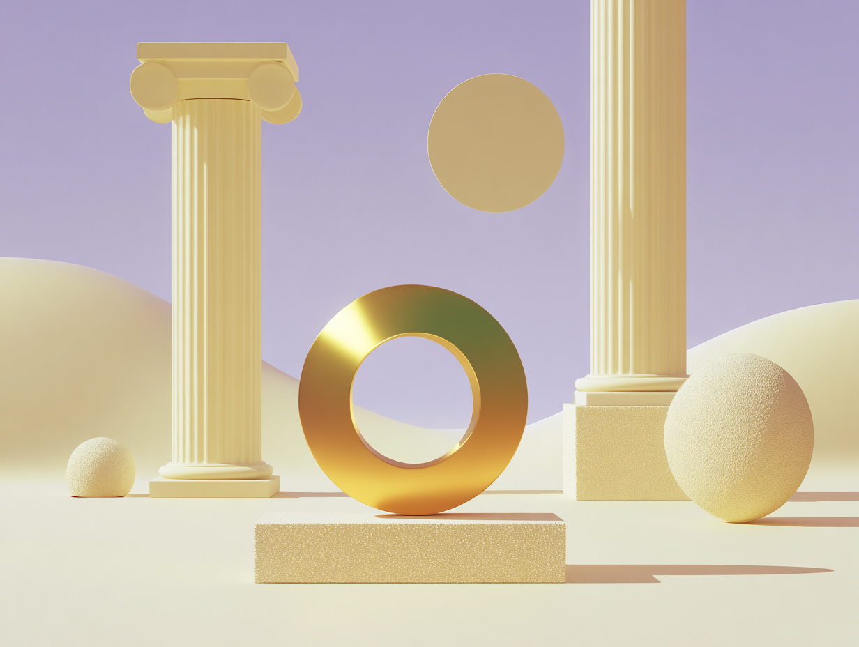 Façade de Bourse stylisée avec un petit pediment au premier plan, trois colonnes simplifiées au milieu, cubes bas à l'arrière.