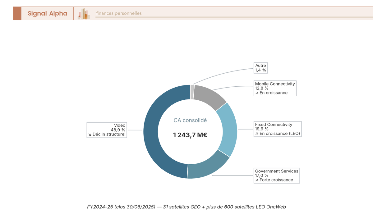 Diagramme en anneau représentant la composition du chiffre d'affaires consolidé d'Eutelsat Group pour l'exercice FY2024-25, clos le 30 juin 2025, s'élevant à 1 243,7 M€. Cinq parts, en pourcentage du CA consolidé : Video 48,9 % (608,2 M€), Fixed Connectivity 19,9 % (247,3 M€), Government Services 17,0 % (211,0 M€), Mobile Connectivity 12,8 % (159,7 M€) et Autre 1,4 % (17,5 M€). Chaque secteur est annoté avec son nom, son pourcentage et une indication de tendance mesurée sur l'exercice suivant (Video en déclin structurel ; Government, Fixed et Mobile en croissance). Le centre de l'anneau affiche le CA consolidé (1 243,7 M€). Ce graphique montre en un coup d'œil que Video reste le premier segment mais décline, tandis que les trois segments de connectivité, portés par la constellation LEO, en deviennent le moteur de croissance.
