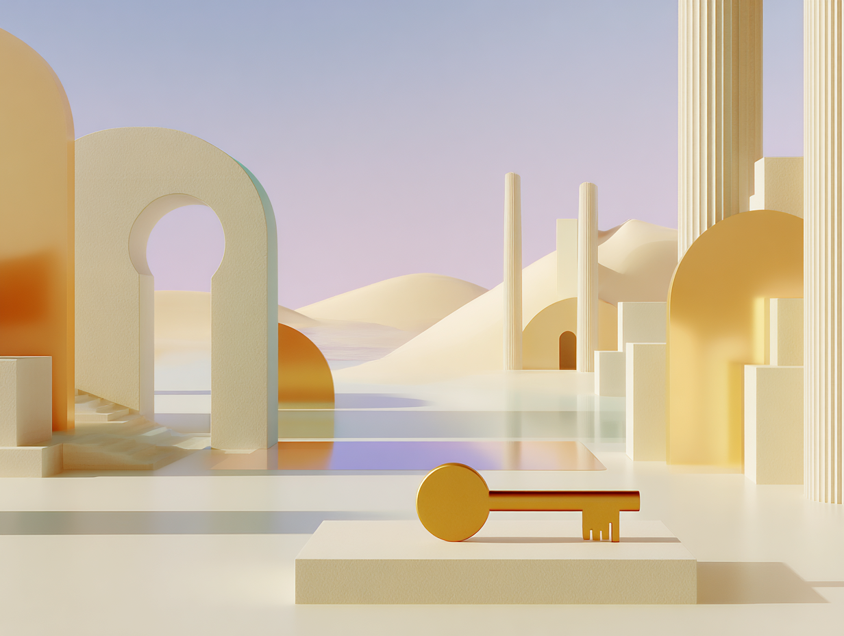 #1 alt_description
Plaques empilées en escalier, ruban spiralé fin, sphère sur une plaque avant, arc lointain, surfaces mates beiges.

#2 alt_description
Grande clé 3D posée sur un socle bas, colonne fine à côté, petit bassin plat, surfaces mates beiges et ombres longues.

#3 alt_description
Façade boursière stylisée à colonnes derrière un bassin rectangulaire, surfaces mates beiges et ombres douces.

#4 alt_description
Diagramme en barres 3D minimaliste avec barres de hauteurs variées sur une base plate, surfaces mates beiges et ombres longues.