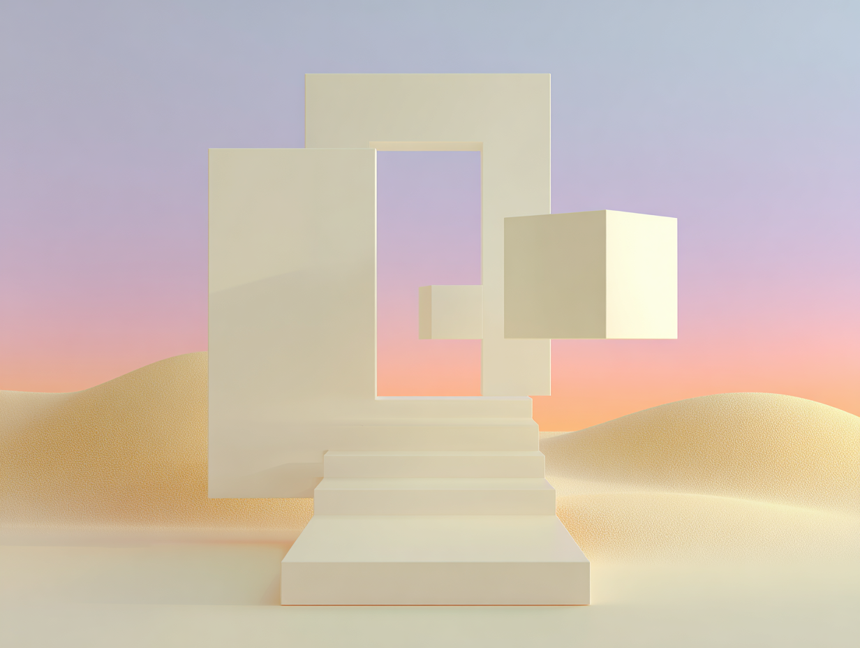 #1 alt_description
Ensemble de dalles rectangulaires empilées, piliers cylindriques fins, grande colonne verticale à l’arrière, surfaces mates et espace vide.

#2 alt_description
Säule vor Reihe gestufter Quader mit dünner schwebender Platte, Arkade im Hintergrund, matte sandfarbene Oberflächen.

#3 alt_description
Trois plaques de carte 3D séparées, une plaque surélevée, un petit cube sur une plaque, surfaces mates sandées.

#4 alt_description
Minimaliste balance 3D avec deux plateaux, petit cube sur un plateau, plat rectangle sur l’autre, surfaces mates sable.