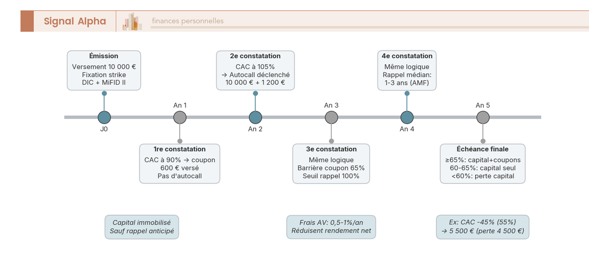 Frise chronologique annotée d'un autocall CAC 40 sur 5 ans montrant les jalons annuels de constatation, les trois scénarios possibles et l'échéance finale.
