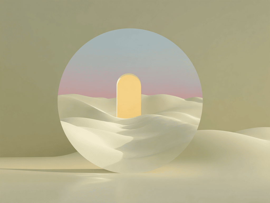 Arche dorée au centre de dunes sableuses, encadrée par un cercle ouvert sur un ciel pastel rosé et bleu