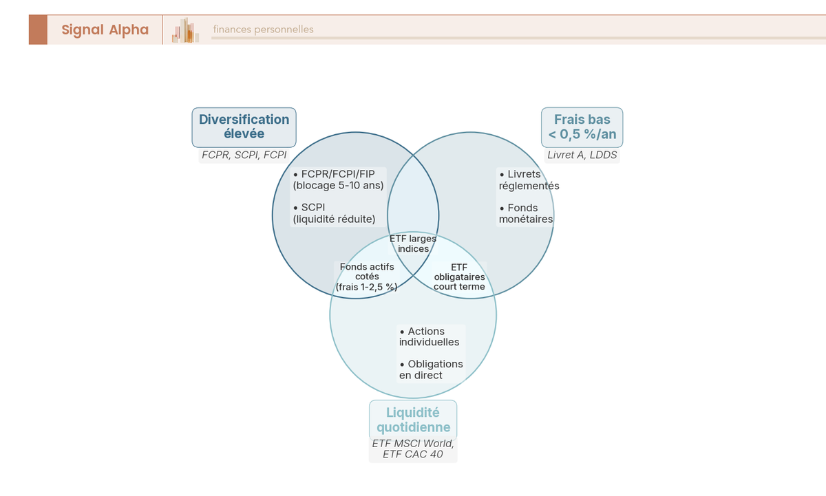 Diagramme de Venn comparant types de fonds d'investissement selon trois critères : diversification, frais bas, liquidité quotidienne.