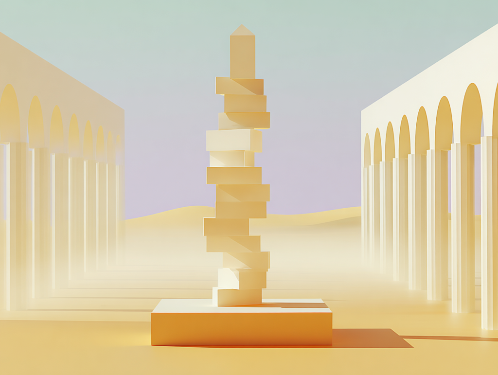 Tour de cinq dalles horizontales empilées en décalé, surfaces mates, gaps réguliers entre chaque couche, colonnade basse en arrière-plan sur sol vide