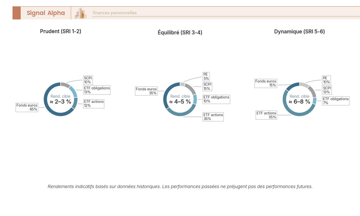 Diagramme en anneau triple montrant la répartition par classe d'actif de trois profils de gestion libre en assurance-vie : profil prudent (fonds euros 65 %, ETF actions 12 %, ETF obligations 13 %, SCPI 10 %), profil équilibré (fonds euros 35 %, ETF actions 35 %, ETF obligations 10 %, SCPI 15 %, PE 5 %) et profil dynamique (fonds euros 15 %, ETF actions 55 %, ETF obligations 7 %, SCPI 13 %, PE 10 %)