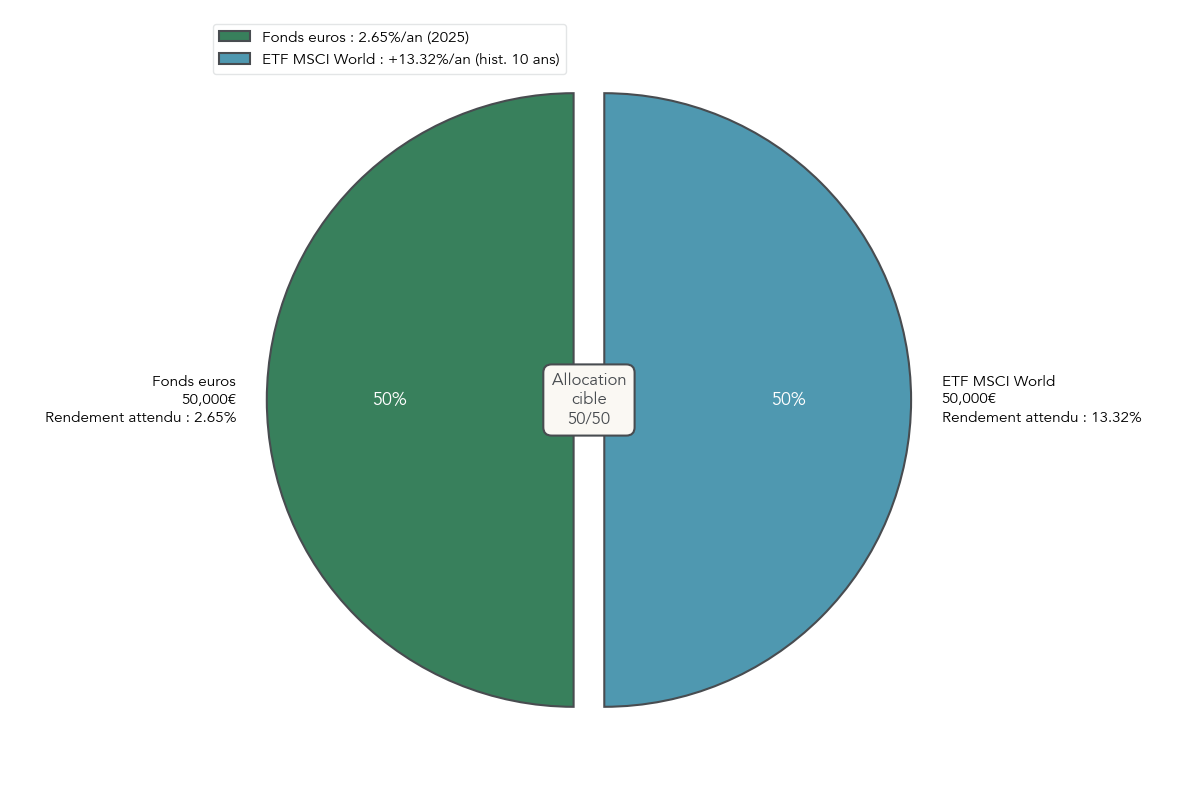 Camembert illustrant l'allocation initiale d'un exemple d'épargnant 50/50 : 50% fonds euros / 50% actions (ETF MSCI World). Affiche montants en euros et rendements attendus pour chaque poche, servant de référence visuelle pour les calculs de dérive et cas pratiques.