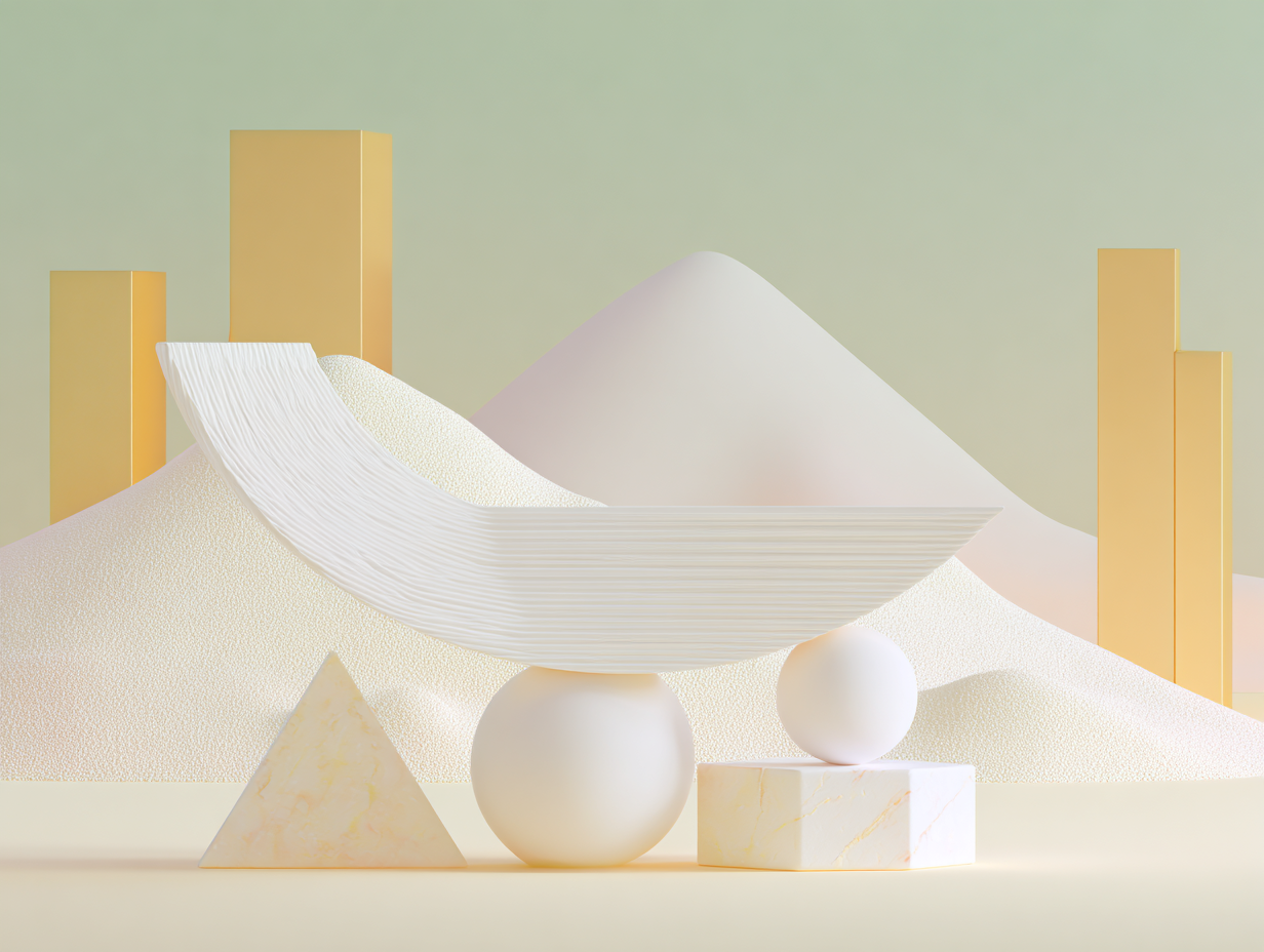 Un obélisque élancé en 3D sur un socle circulaire, rainures verticales, plaques rectangulaires en arrière, surfaces mates et éclairage doux.
