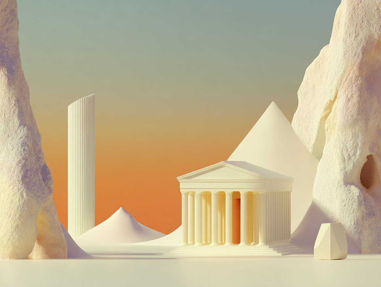 #1 alt_description
Série de plaques rectangulaires et blocs empilés en progression, monolithe vertical à l'arrière, surfaces mates beiges, ombres longues.

#2 alt_description
Objet rectangulaire lisse sur socle, plaques décalées en arrière-plan, arche basse à l'horizon, surfaces mates beiges.

#3 alt_description
Façade de bourse stylisée avec fronton triangulaire et blocs-colonnes, relief plat à l'avant, pilier haut à l'arrière, surfaces mates beiges.

#4 alt_description
Surface de puce rectangulaire avec plots, réseau modulaire en quadrillage au milieu, tour mince à l'arrière, surfaces mates beiges.