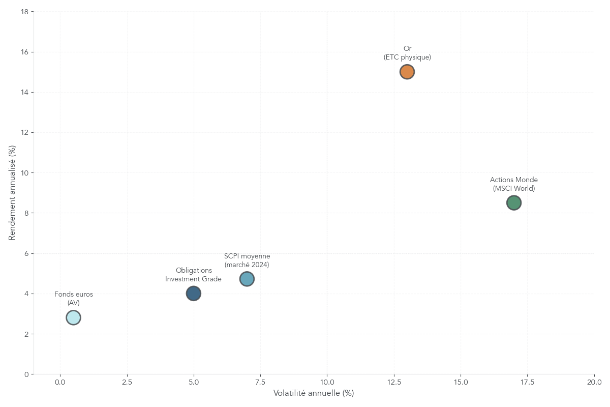 Nuage de points montrant le rendement annualisé et la volatilité des principales classes d’actifs entre 2009 et 2024