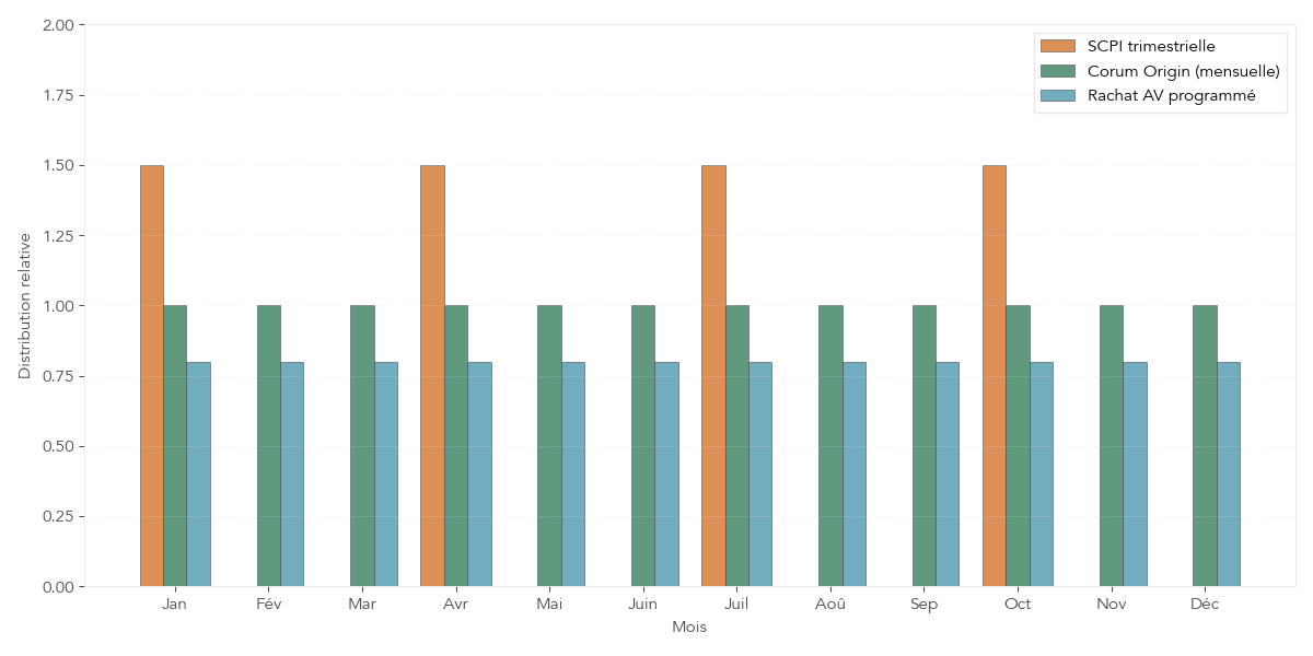 Histogramme comparant mois par mois les flux de loyers d’une SCPI trimestrielle, de Corum Origin mensuelle et d’un rachat mensuel en assurance‑vie.