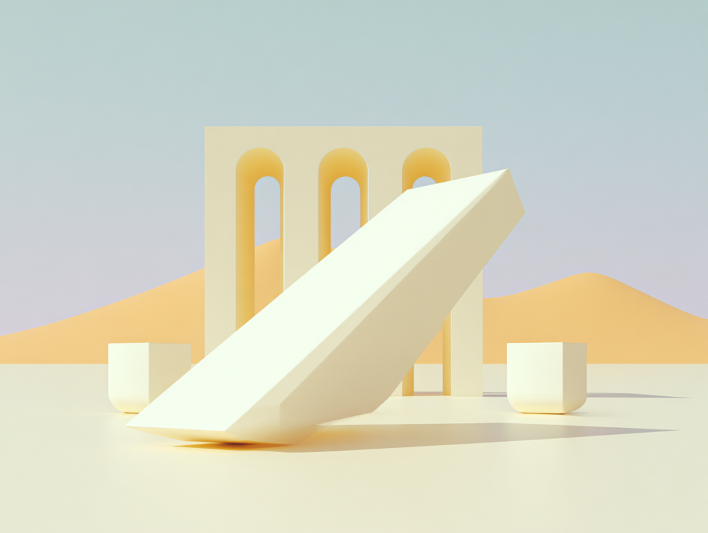 Illustration abstraite aux tons pastel représentant une grande rampe blanche inclinée devant une structure géométrique à trois arches évoquant la protection, la transmission patrimoniale et la sécurité familiale.