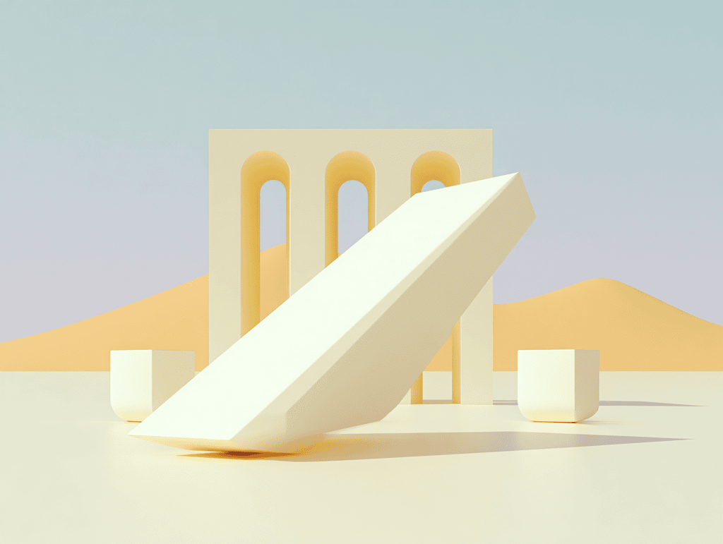 Illustration abstraite aux tons pastel représentant une grande rampe blanche inclinée devant une structure géométrique à trois arches évoquant la protection, la transmission patrimoniale et la sécurité familiale.