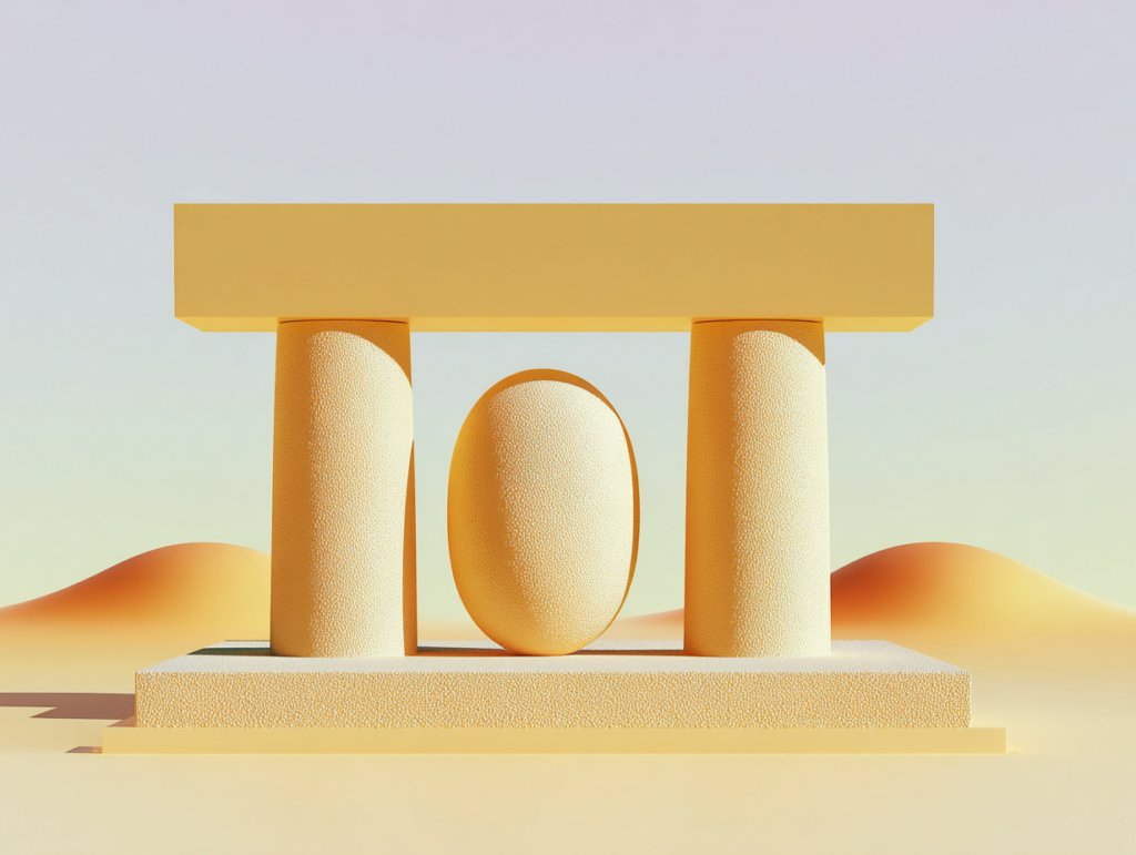 Trois colonnes cylindriques lisses soutenant un entablement horizontal plat, posés sur une plateforme épurée couleur sable, ombres allongées au sol, espace vide abondant autour.