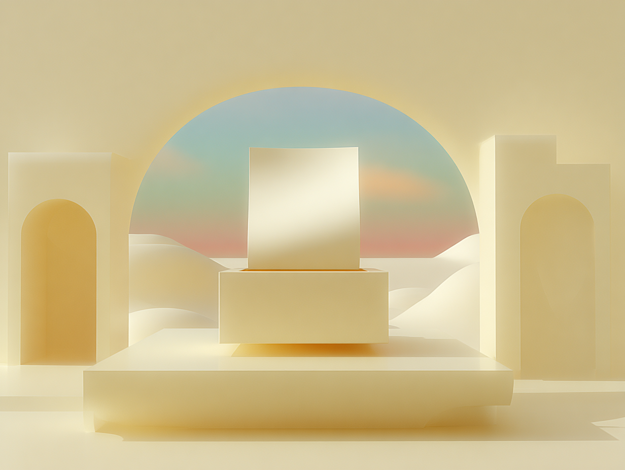 #1 alt_description
Empilage de dalles rectangulaires au premier plan, prismes flottants au centre et monolithe vertical à l'arrière, surfaces lisses et texture subtile.

#2 alt_description
Clé minimaliste posée sur un plateau circulaire, disques empilés au milieu et colonne élancée à l'arrière, surfaces mates.

#3 alt_description
Sculpture de barres verticales graduées formant un graphique en barres stylisé sur une base rectangulaire, textures mates.

#4 alt_description
Boîte cassette rectangulaire stylisée légèrement ouverte, rainures fines, compartiment central visible, arrière-plan de panneaux géométriques.