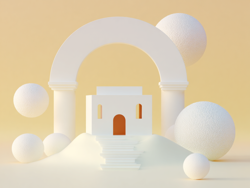 Maquette de logement minimaliste sur socle carré, rangée de cinq sphères en gradation devant, deux colonnes élancées et arche en arrière-plan