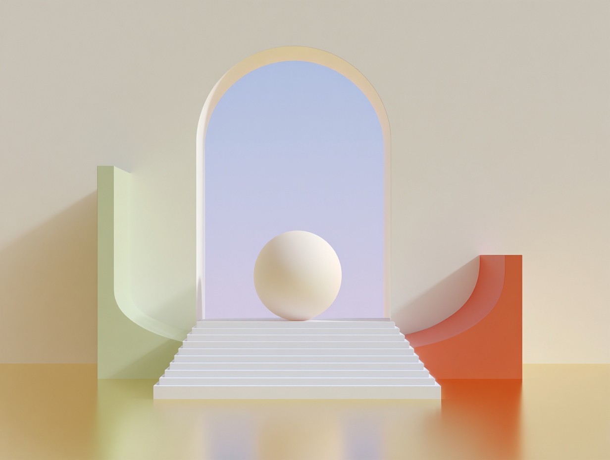 #1 alt_description
Deux surfaces courbes 3D opposées, une sphère allongée suspendue au centre, arcade lointaine et larges zones vides, surfaces mates beiges.

#2 alt_description
Pile de plaques rectangulaires empilées, plaque perforée en avant, surfaces mates beiges, légère microtexture, ombres longues.

#3 alt_description
Ruban 3D incurvé formant une courbe de rendement au-dessus d'une grille basse, stèles verticales ponctuelles, surfaces mates beiges.

#4 alt_description
Affichage boursier minimaliste rectangulaire 3D, modules carrés empilés à côté, surfaces mates beiges, éclairage doux et ombres longues.