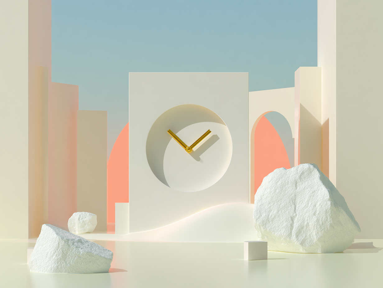 Bloc-calendrier abstrait avec chiffre en relief sur plan incliné, plaques rectangulaires autour, surfaces mates beiges et grand espace négatif.