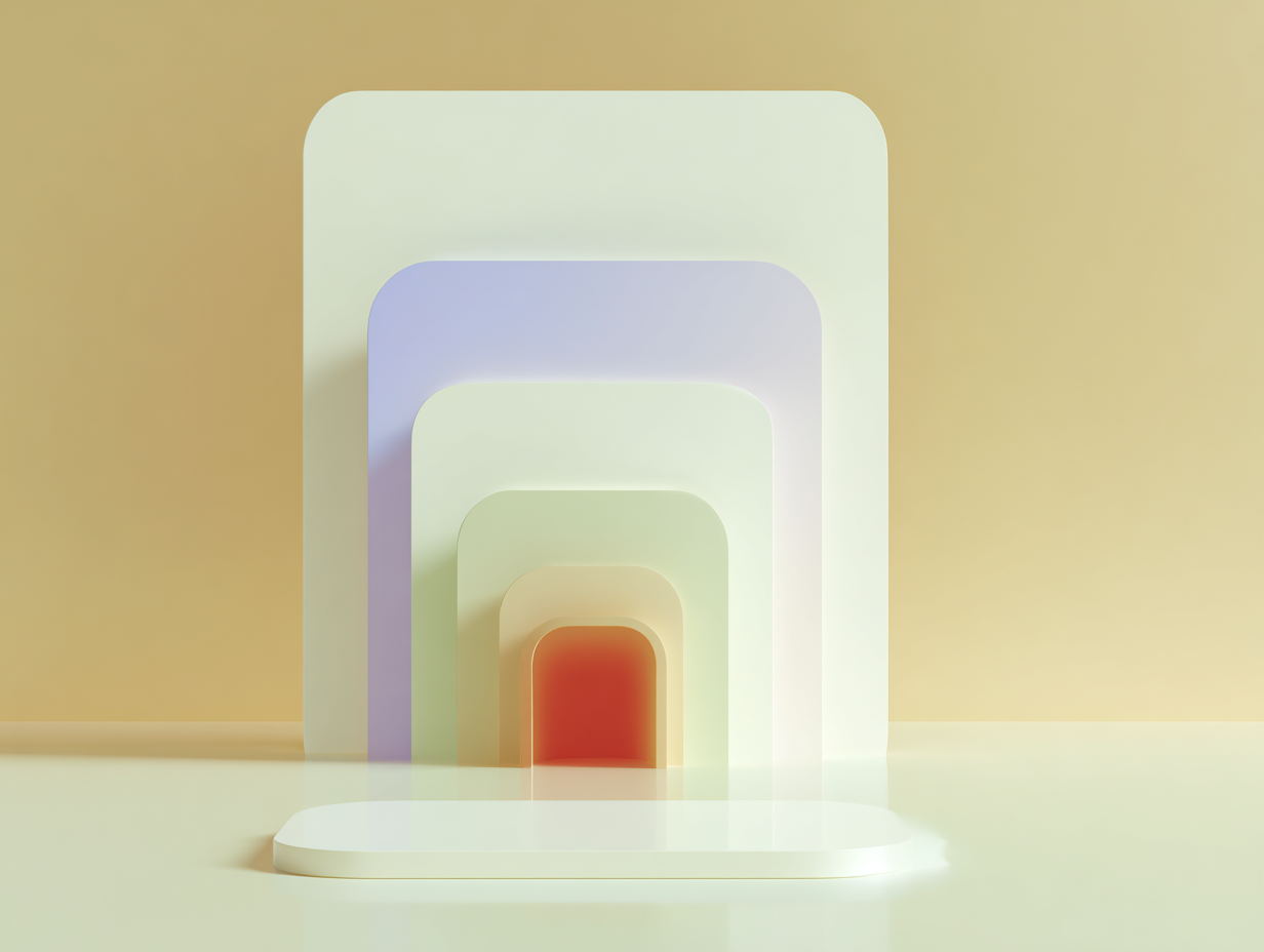 #1 alt_description
Runde Platte vorn, drei gestufte prismatische Blöcke mittig mit Spalten, dünne hohe Säule im Hintergrund, matte beige Oberflächen, weiche Beleuchtung

#2 alt_description
Zylindrischer Korpus mit kreisförmiger Öffnung und konzentrischen Rillen, niedriger Sockel vorn, entfernte Wandplatte, matte beige Oberflächen

#3 alt_description
Sculpture de graphique en barres abstrait posé sur un socle, barres de hauteurs variables avec plaques horizontales, surfaces mates beiges

#4 alt_description
Pile de trois enveloppes stylisées superposées au centre, plaque rectangulaire en avant, large paroi en arrière-plan, surfaces mates beige