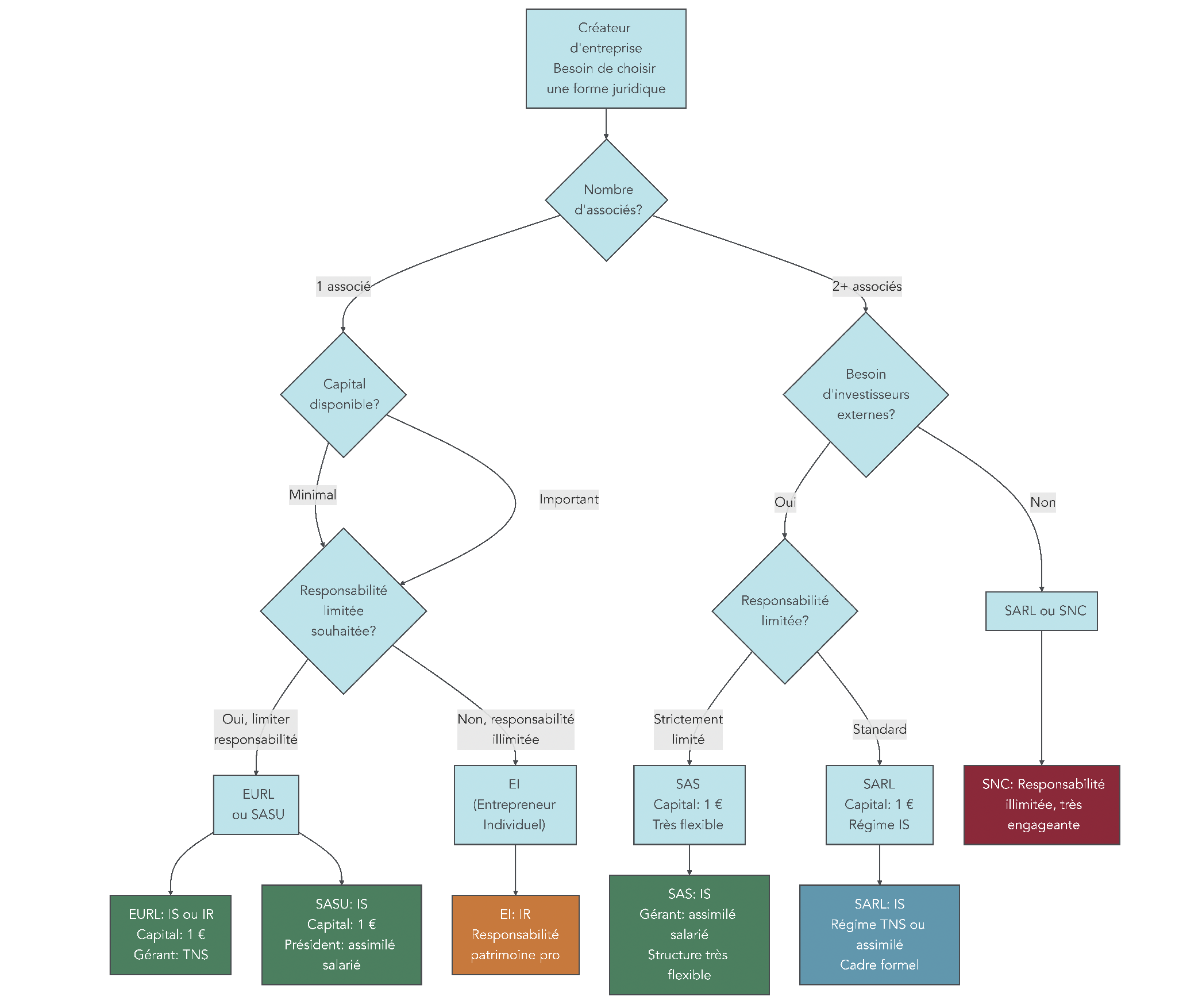 Arbre décisionnel guidant le créateur d’entreprise vers la forme juridique adaptée selon nombre d’associés, capital disponible, besoin d’investisseurs et préférence de régime social.