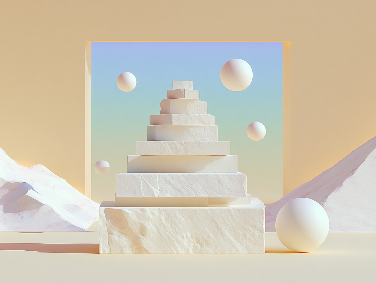 #1 alt_description
Flache matte Plattform, erhöhter Quader im Vordergrund, gestaffelte schmale Platten im Mittelgrund, schlanker Monolith im diffusem Hintergrund, warme Sandtöne.

#2 alt_description
Dreistufige matte Pyramide mit abgeschnittenem Vorderteil, schwebende matte Kugeln in Zwischenräumen, entfernter vertikaler Stab im Hintergrund.

#3 alt_description
Stilisierter rétro-rechner mit quadratischen Tasten im Vordergrund, schwebende rechteckige Platten im Mittelgrund, glatte Ebene und schlanker Block im Hintergrund.

#4 alt_description
Miniatur-Façade de bourse avec trois colonnes et un petit fronton au premier plan, place rainurée au milieu, monolithes rectangulaires à l'arrière.