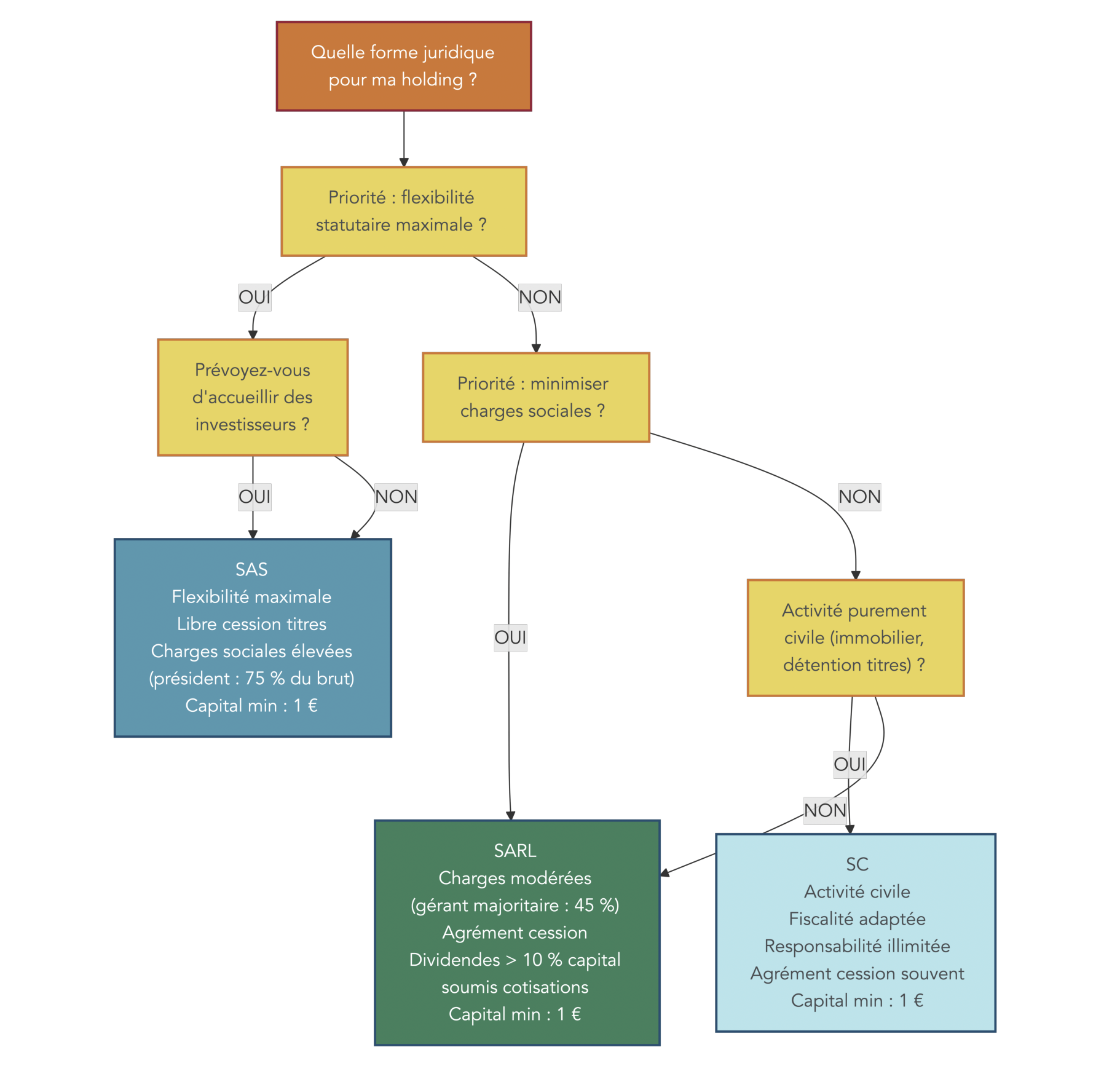 Arbre décisionnel guidant le choix entre SAS, SARL et SC selon objectifs : flexibilité, protection sociale, charges sociales, accueil d'investisseurs, activité civile.