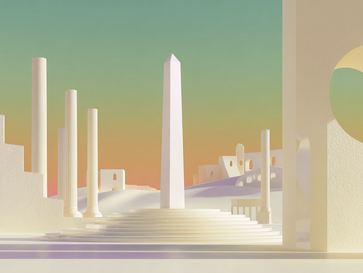 #1 alt_description
Incliné cylindre mat au premier plan, trois plaques rectangulaires empilées au milieu, fine plaque verticale gravée en arrière-plan, surfaces beiges mates, grand espace vide.

#2 alt_description
Clé stylisée 3D posée sur une fine plaque au premier plan, plaques étagées au centre, haute paroi texturée en arrière-plan, surfaces beiges mates.

#3 alt_description
Obélisque élancé sur socle carré au centre, colonnes fines en arrière-plan, surfaces beiges mates avec légères facettes.

#4 alt_description
Façade de banque stylisée avec trois colonnes sur socle étagé, panneau vertical en arrière-plan, surfaces beiges mates, composition épurée.