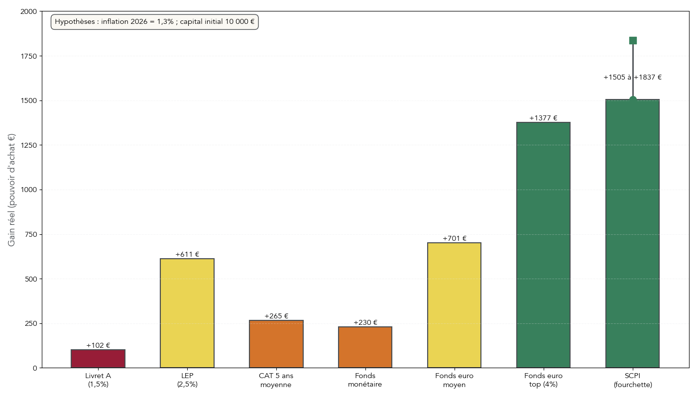 Histogramme montrant le gain de pouvoir d’achat après 5 ans pour 10 000 € investis sur différents placements sécurisés comme le Livret A, un CAT 5 ans, un fonds monétaire et un fonds euro top.
