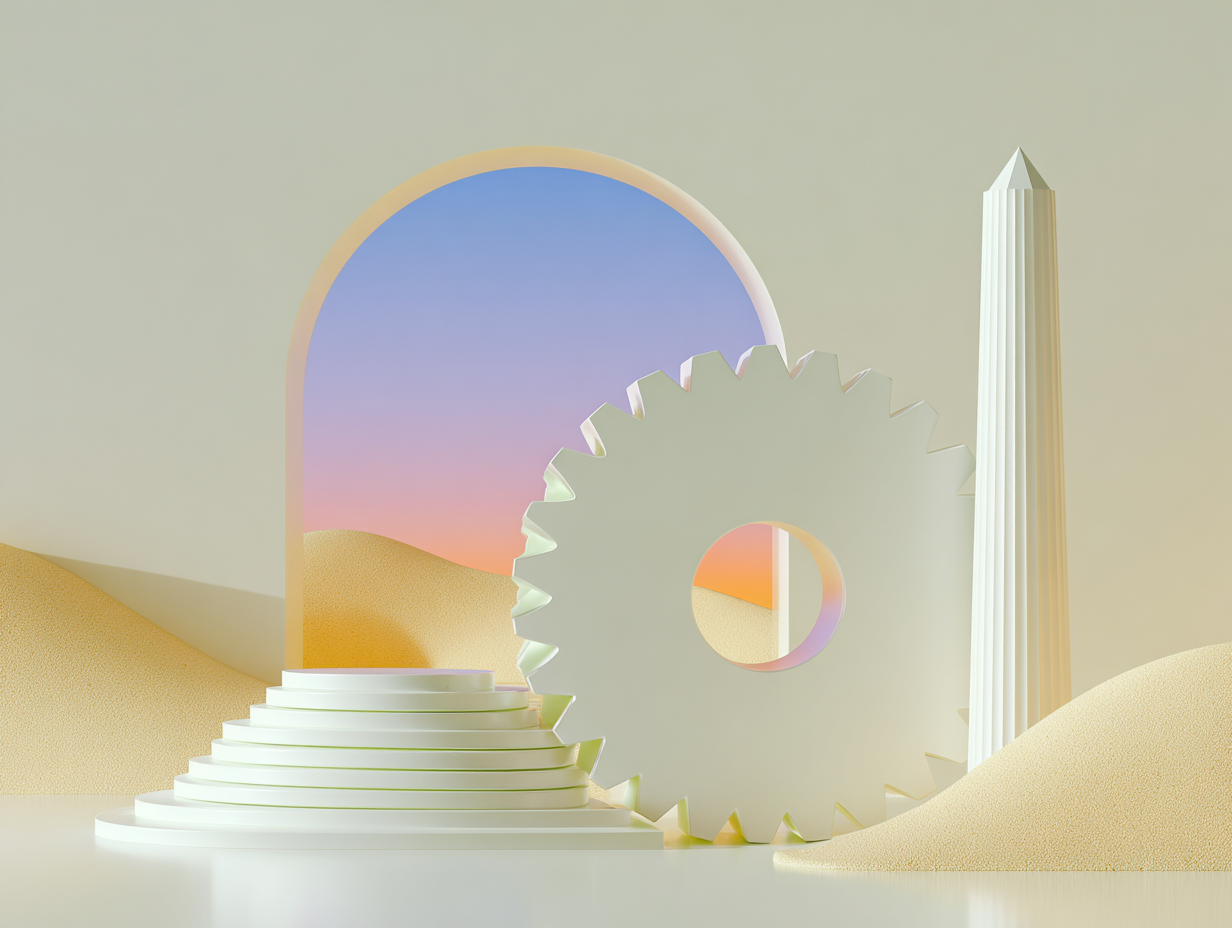 #1 alt_description
Trois piliers géométriques sur une dalle circulaire, chemin de dalles au milieu, pilastre éloigné et ombres longues, surfaces mates.
#2 alt_description
Grande clé stylisée en 3D posée sur un socle rectangulaire, plans en retrait, ombres longues, surfaces mates.
#3 alt_description
Mécanisme cliquet minimaliste en 3D sur un cylindre, disques empilés et anneau fin en arrière-plan, surfaces mates.
#4 alt_description
Trois façades bancaires minimalistes en 3D, volumes rectangulaires et colonnes stylisées, socles séparés, ombres longues.