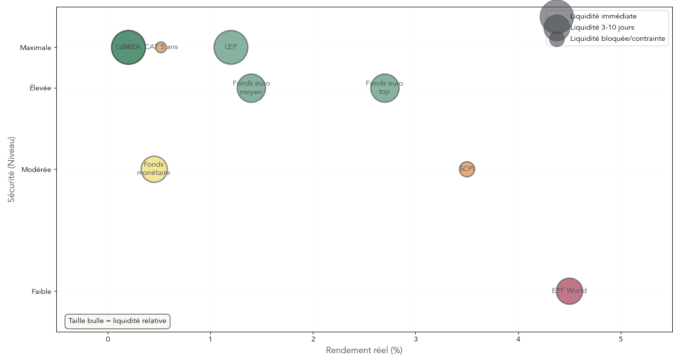 Matrice à bulles positionnant chaque placement en fonction du rendement réel, de la sécurité du capital et de la liquidité.