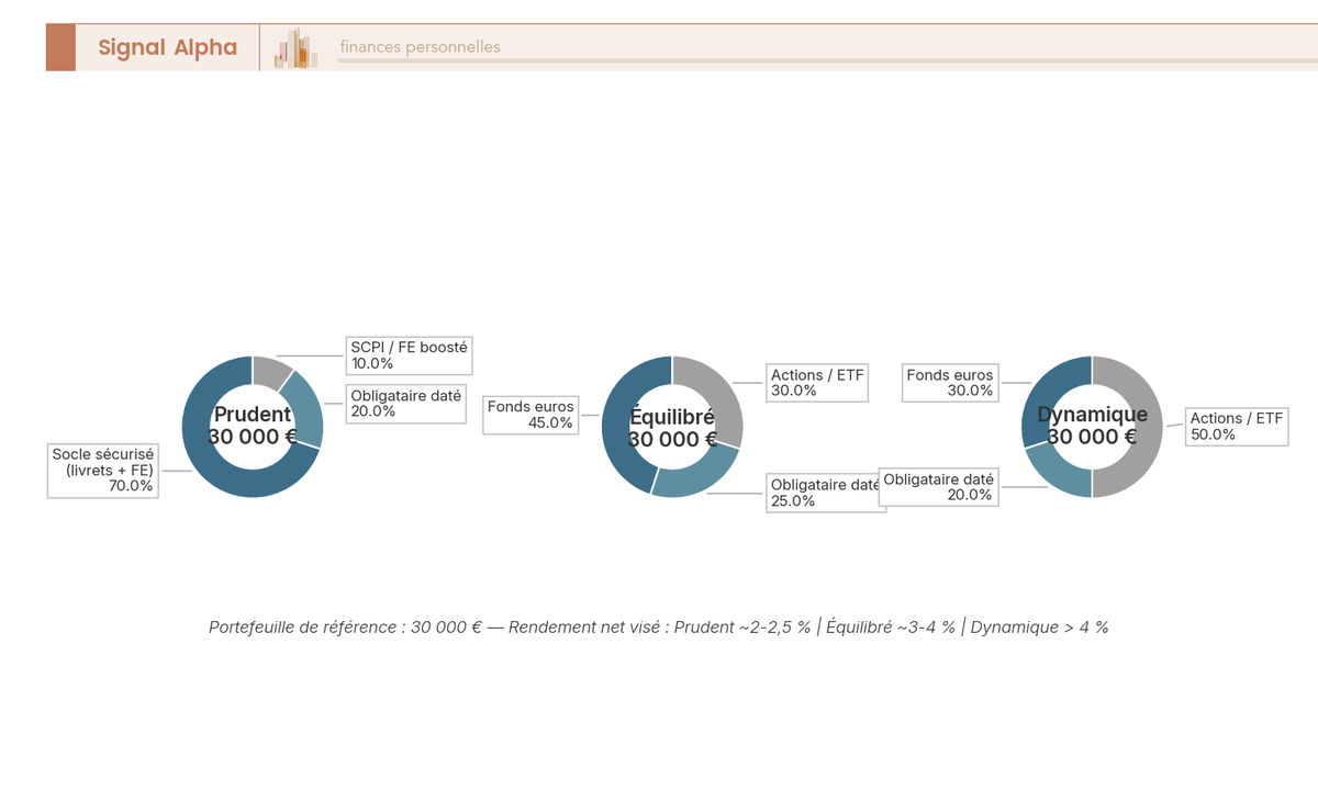 Trois diagrammes en anneau côte à côte montrant l'allocation d'un portefeuille de 30 000 € pour les profils prudent, équilibré et dynamique sur 5 ans.