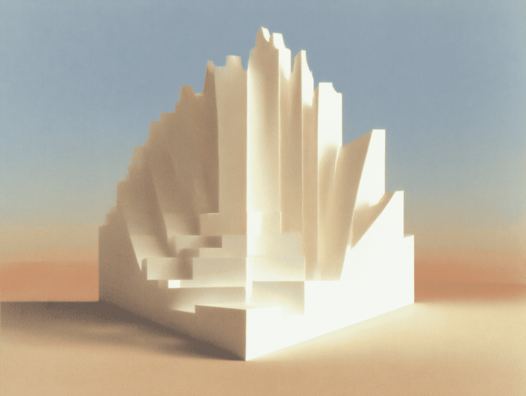 Structure géométrique blanche en escalier, faite de prismes verticaux de hauteurs croissantes, posée sur un sol sableux beige sous un ciel dégradé bleu pâle.