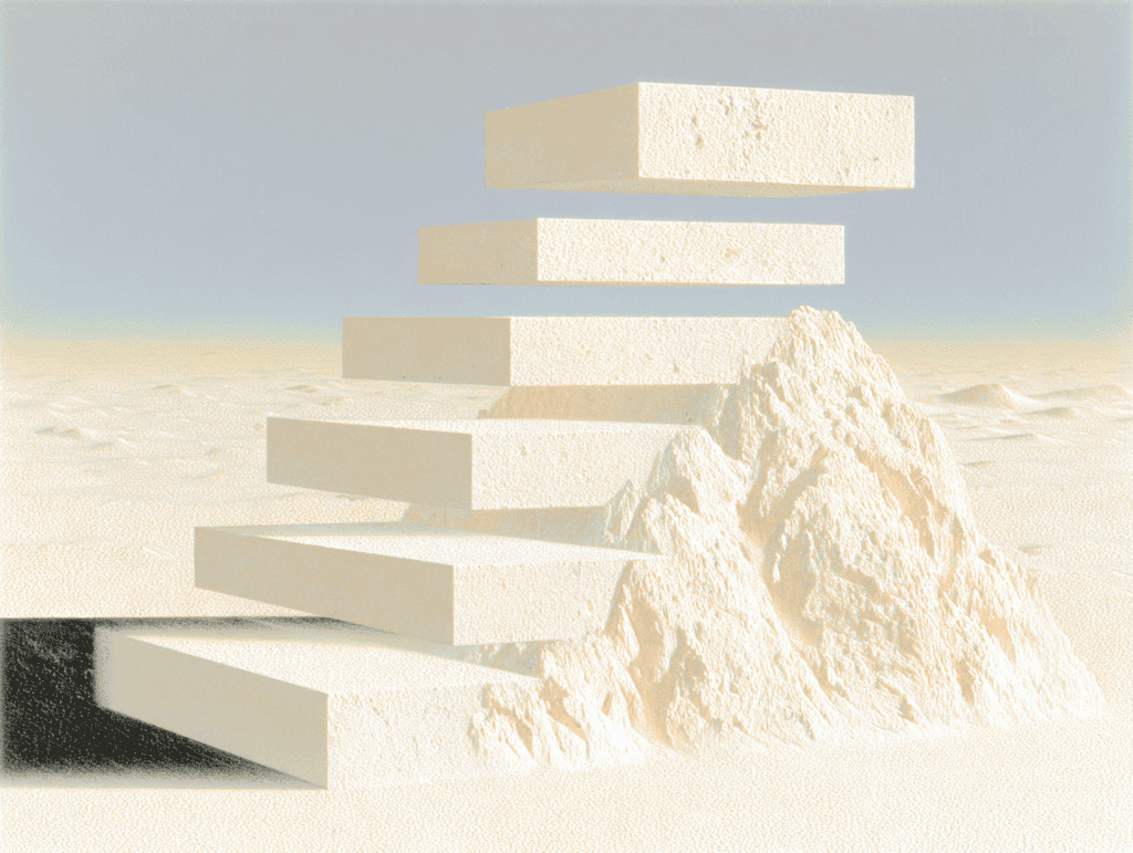 Cinq paliers rectangulaires beiges formés en escalier ascendant à gauche, surmontés d'une forme triangulaire à droite, sur une plaine sableuse au ciel diffus.
