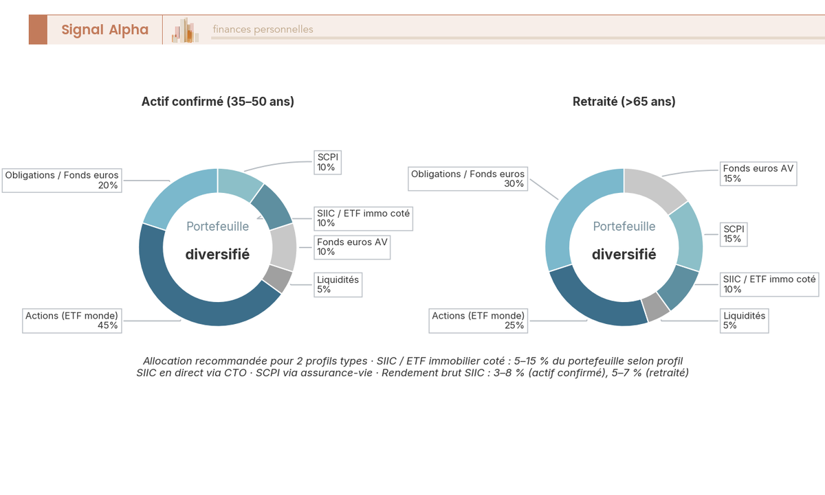 Diagramme en anneau montrant l'allocation type d'un portefeuille diversifié incluant 10 % de SIIC et ETF immobilier coté.