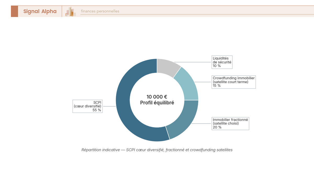 Diagramme en anneau d'une poche immobilier papier de 10 000 € : SCPI cœur, fractionné satellite, crowdfunding satellite et liquidités.