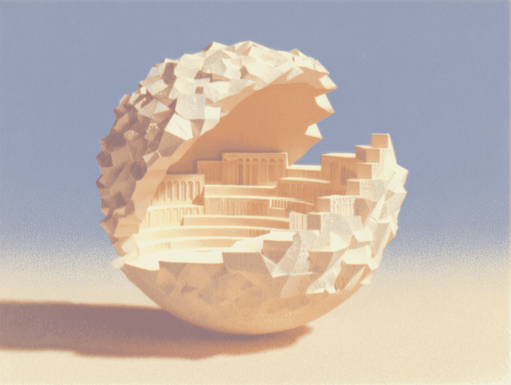 Sphère beige fendue et ouverte laissant voir un intérieur en gradins et facettes anguleuses, posée sur un fond sableux dégradé en lumière douce.