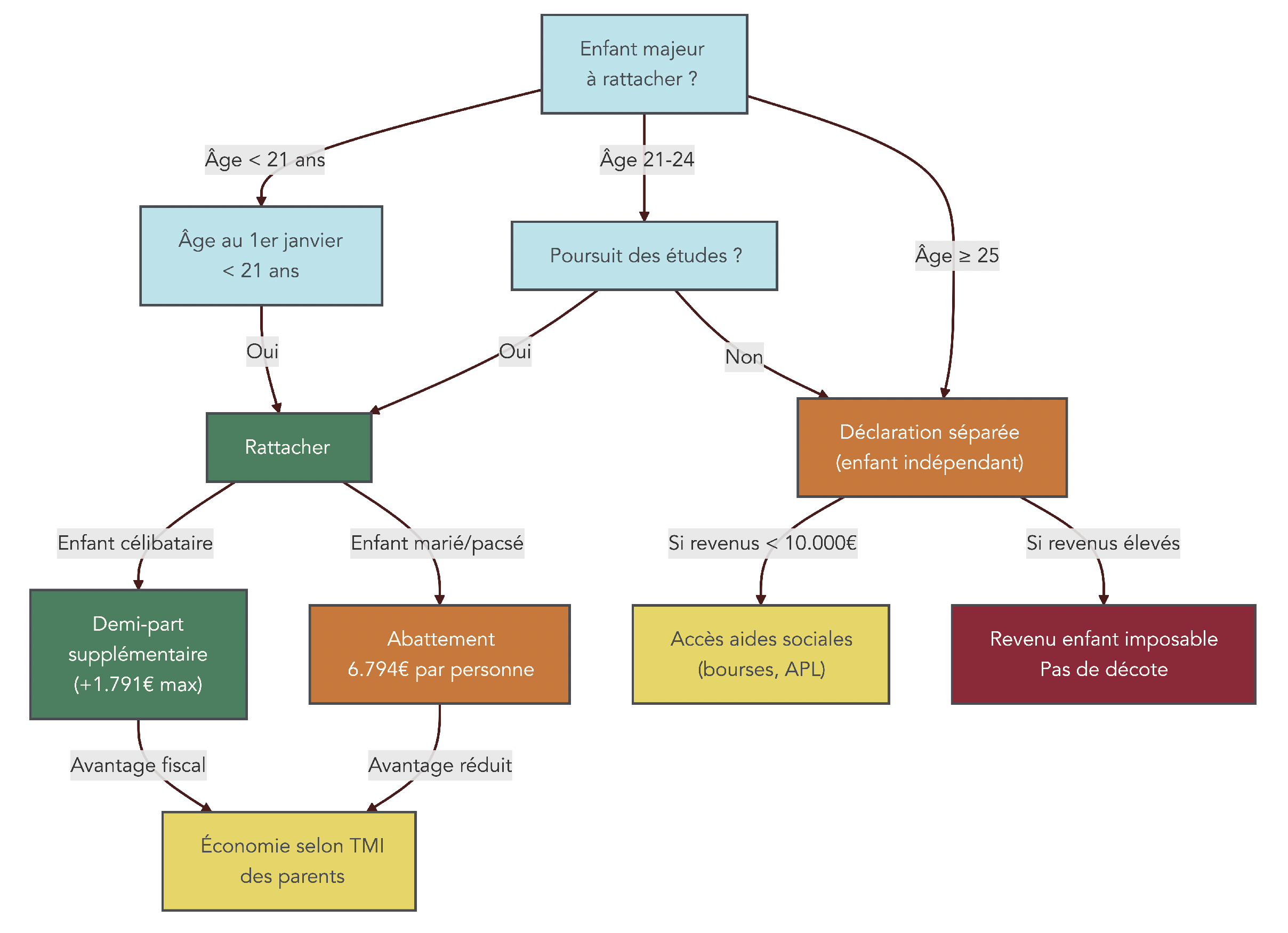 Arbre décisionnel indiquant, en fonction de l'âge, des études et des revenus de l'enfant majeur, s'il est préférable de le rattacher ou de le laisser se déclarer séparément.